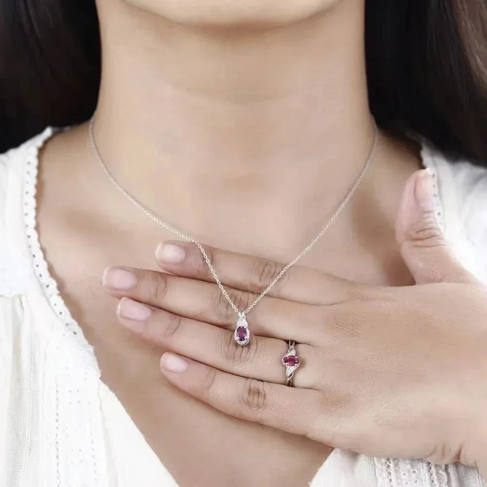 Ofiki Rubellite Diamond Ring (Size 9.0), Pendant Necklace (20 Inches) in 925
